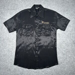 y2k‎ G-Star Raw Button Down Shirt Mens Size Medium Black Short Sleeve Satin